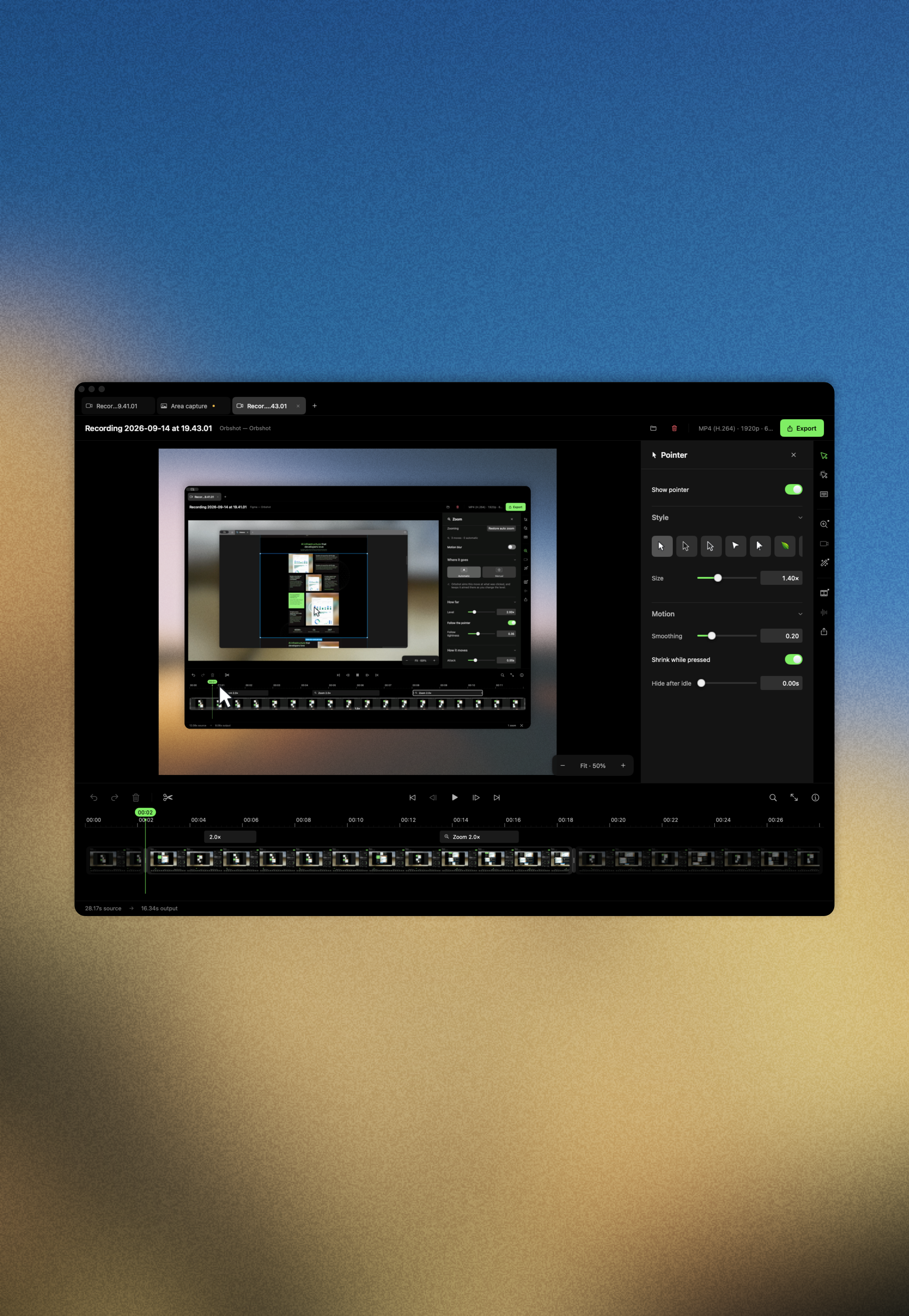 The Orbshot video editor displaying real Earth footage beside its MP4, Full HD and frame-rate export settings.