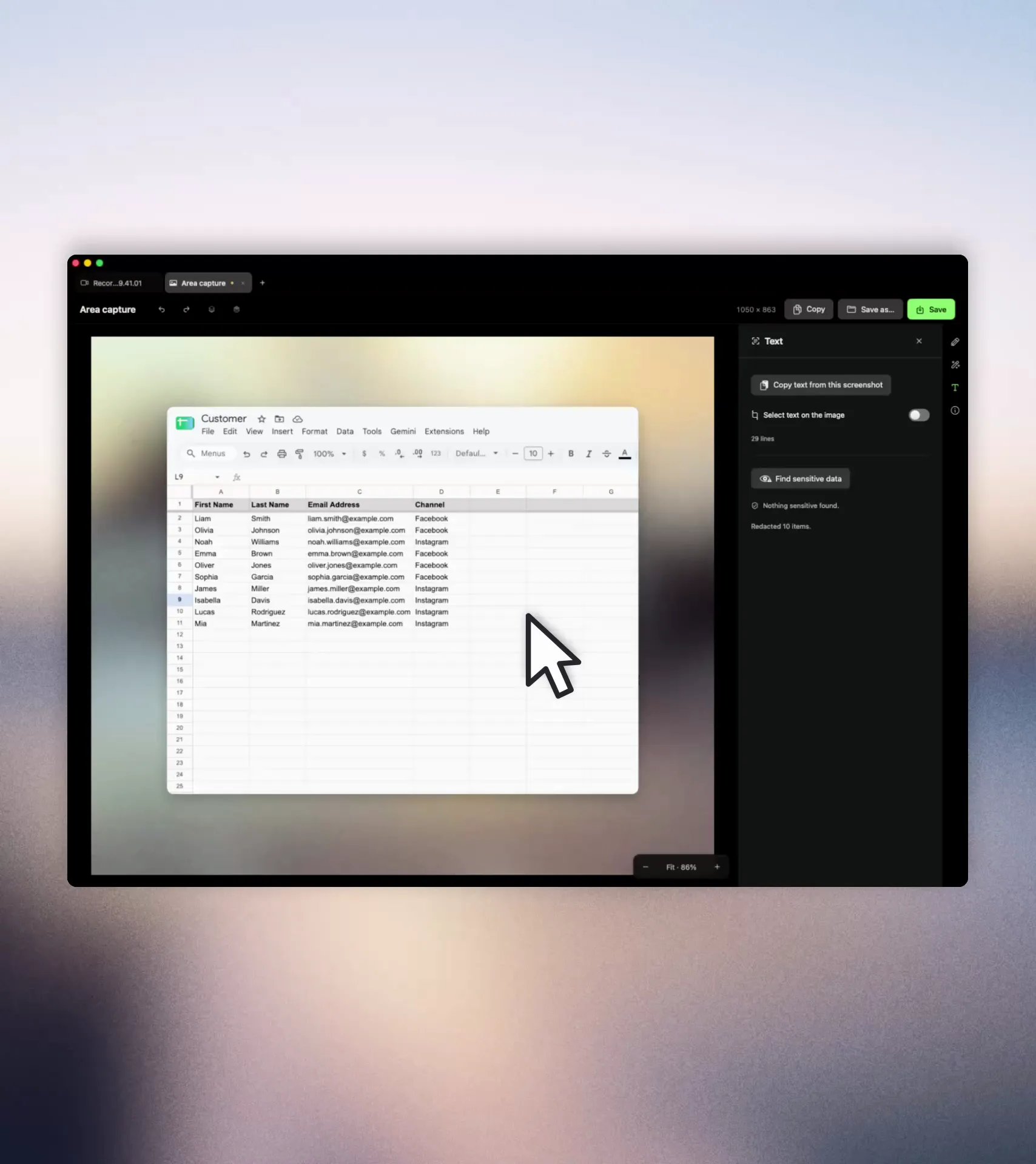 Orbshot's Text panel selecting fourteen lines recognized from a real Pinterest screenshot, ready to copy locally.